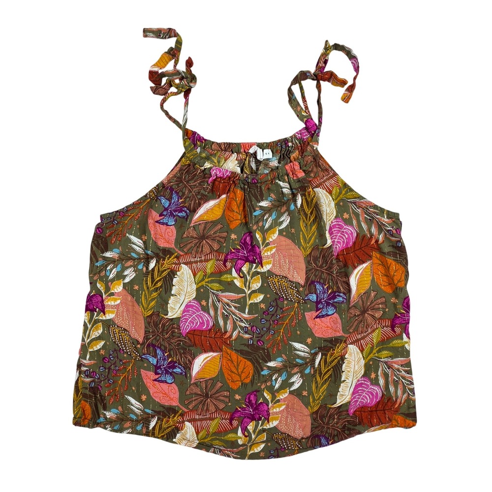 Jane + Delancey Tropical Floral Lurex Shimmer Tie Shoulder Halter Top Green M
